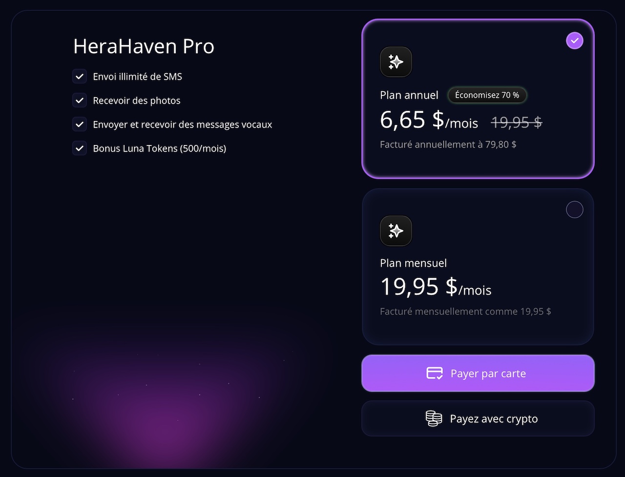 prix des abonnements mensuels et annuels sur herahaven