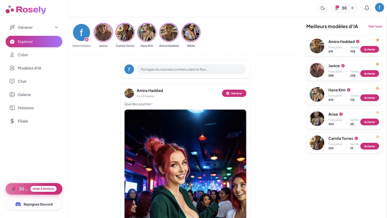 Rosely AI interface mobile feed social girlfriend IA chat images vidéos stories
