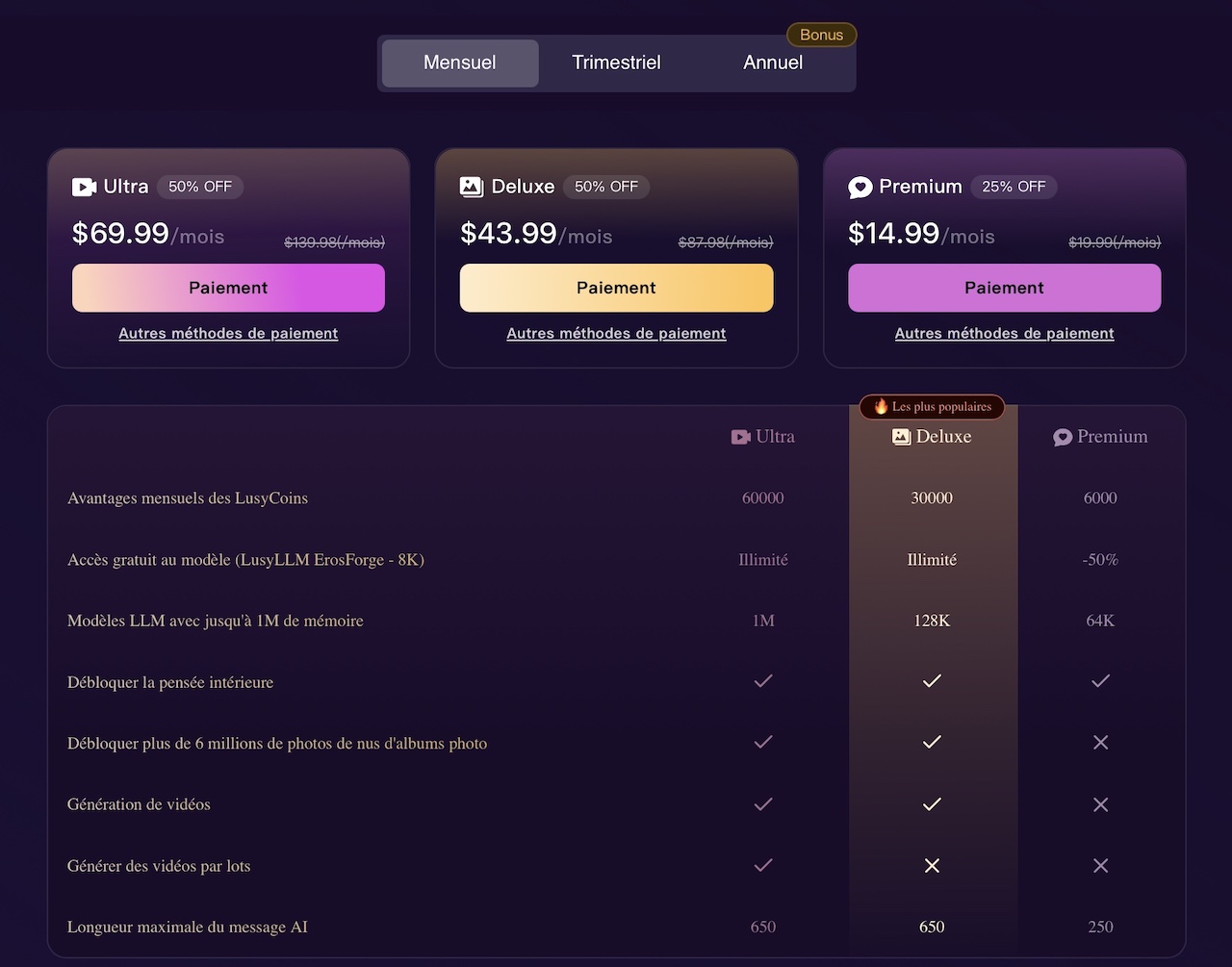 prix des abonnements mensuels et avantages lusychat ai